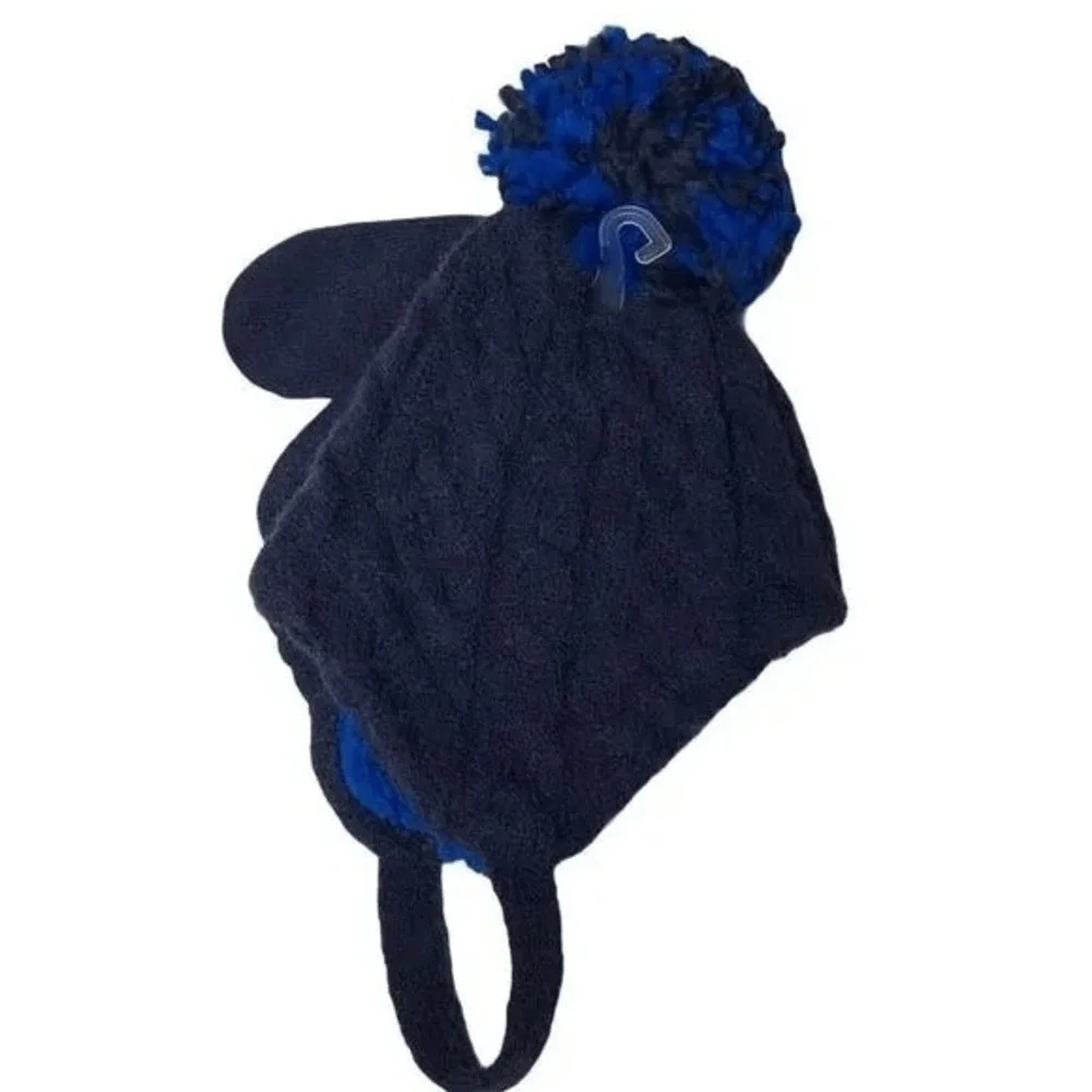 Cat & Jack Hat 0-6M Blue Pom Pom Knit Earflap Chinstrap Mittens‎ Cozy Winter NEW